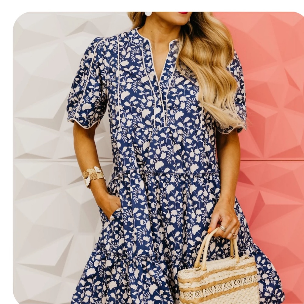 She + Sky Blue and White Floral Midi Dress